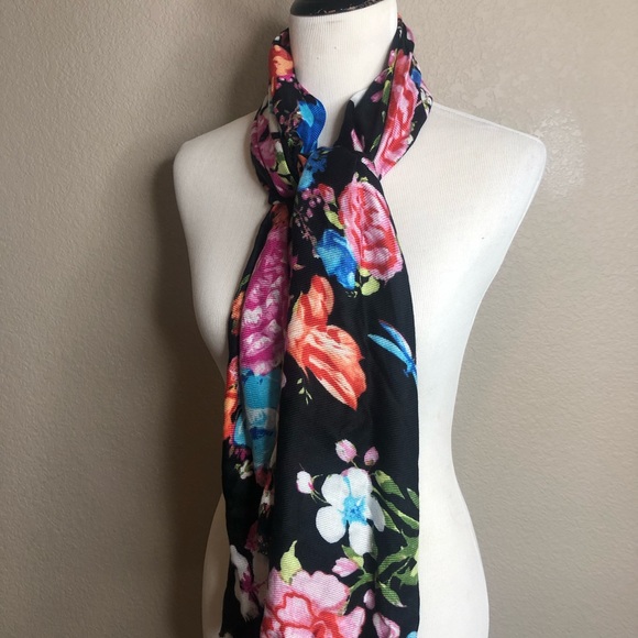 INC International Concepts Black Floral Pashmina Scarf, Pink, Blue, Green, OS! - Picture 3 of 6